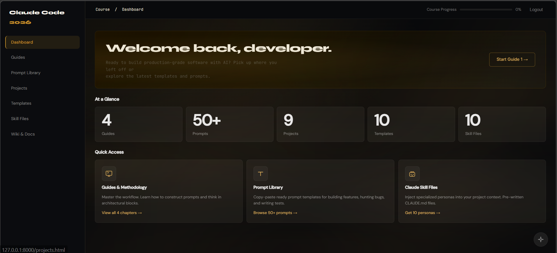 Claude Code course dashboard showing the welcome view, quick access, and the main product areas.