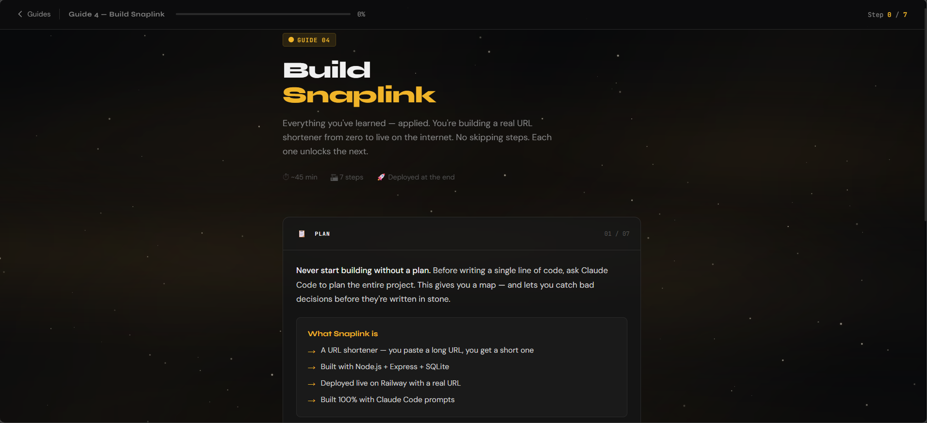 Guide detail view for Build Snaplink showing the lesson overview and the first step.