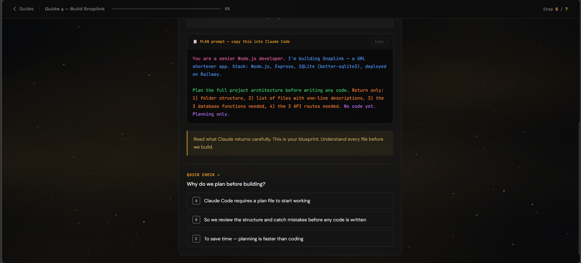 Guide detail view showing a prompt block and a quick check interaction inside the lesson.