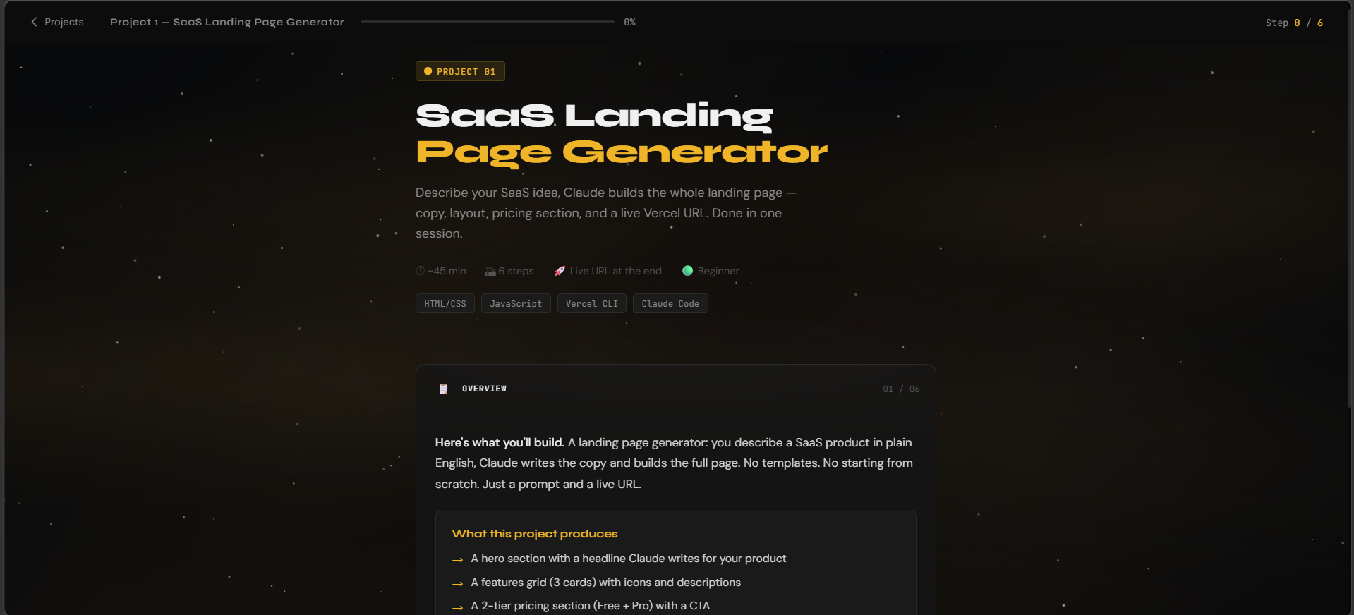 Project detail page for a SaaS Landing Page Generator with scope, stack, and project overview.