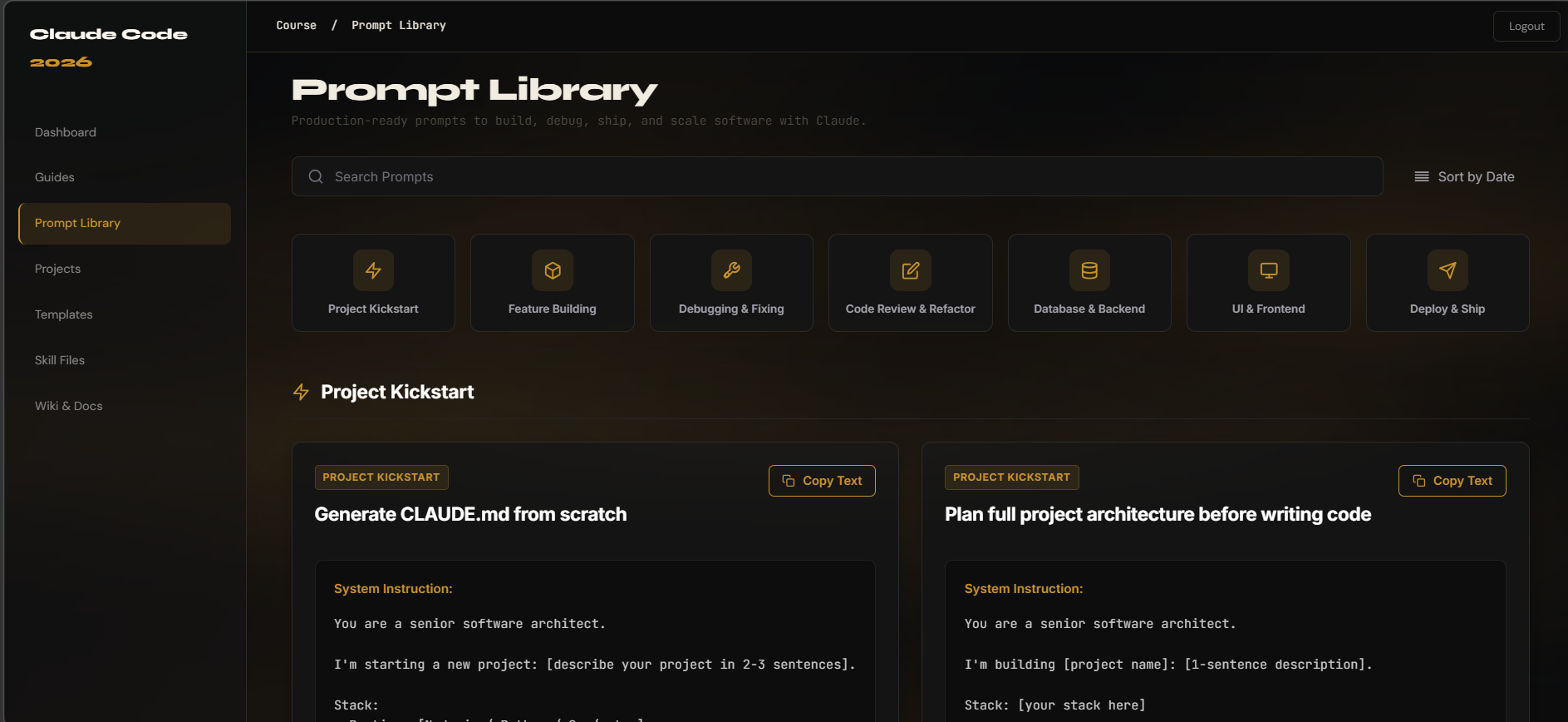 Prompt library with searchable categories and ready-to-copy production prompts.