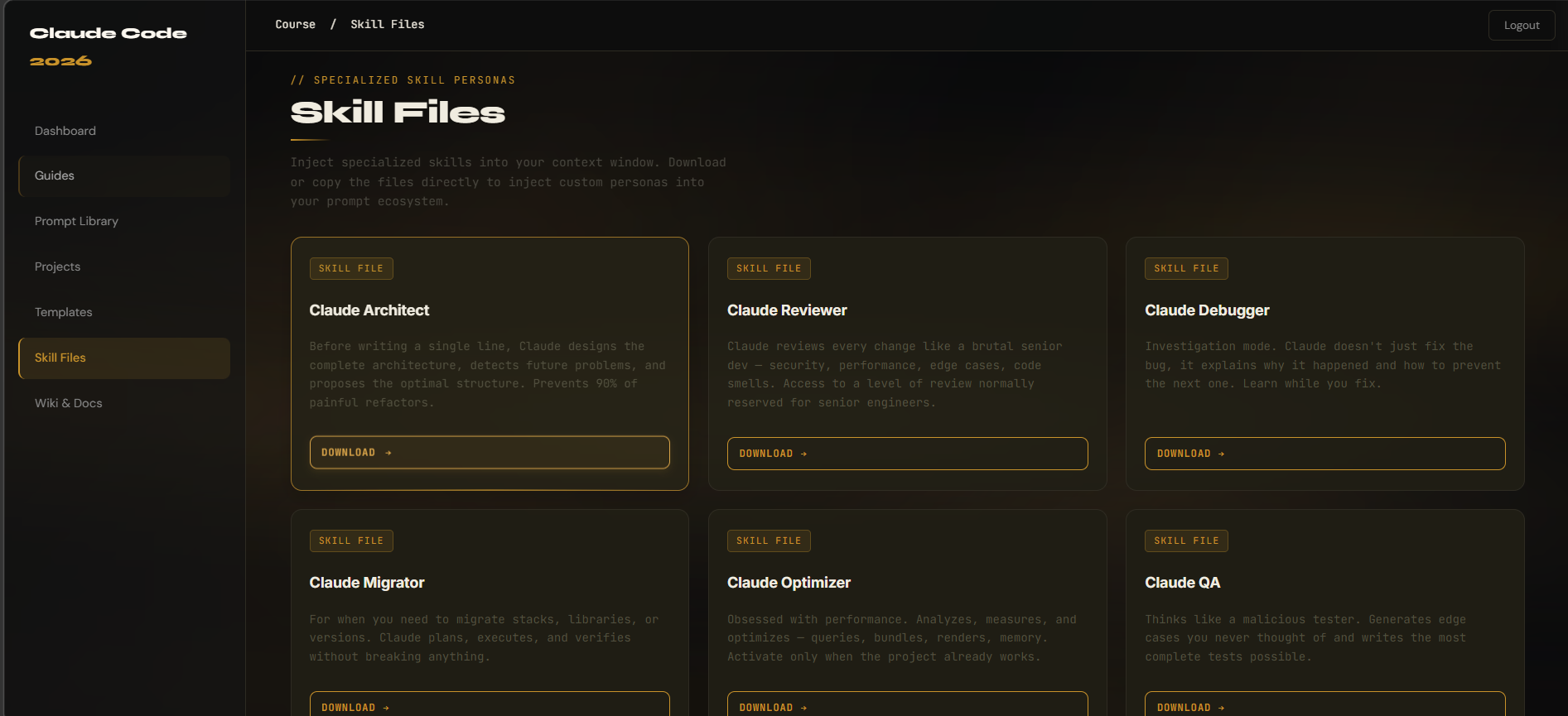 Skill files section showing specialized personas and downloadable files for different development tasks.