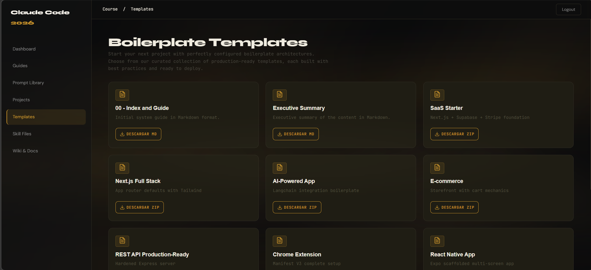 Templates section with multiple boilerplate starters and downloadable starter kits.